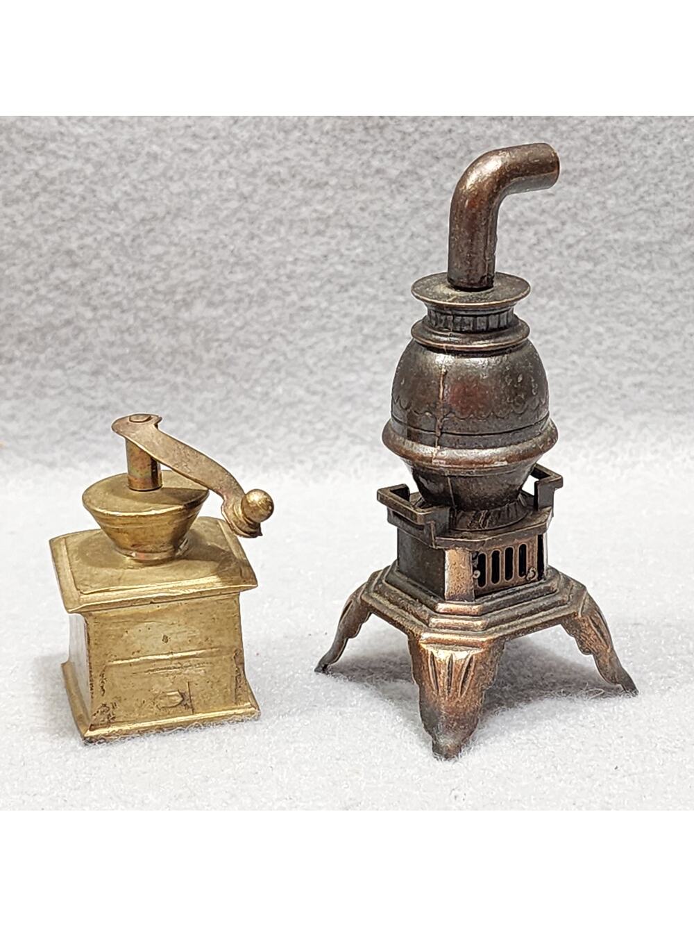 Miniature Brass Pot Belly Stove And Coffee Grinder Figurines